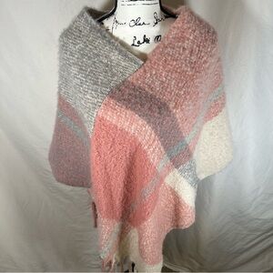 Poncho Cape V-neck Sweater Womens One Size Pink White Gray Plaid Soft & Cozy
